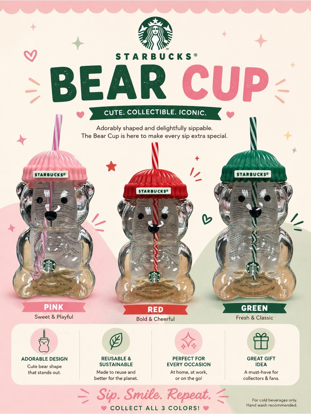 Starbucks Pink/Red/Green Bear Cup with Lid and Straw…. Sold Individually!